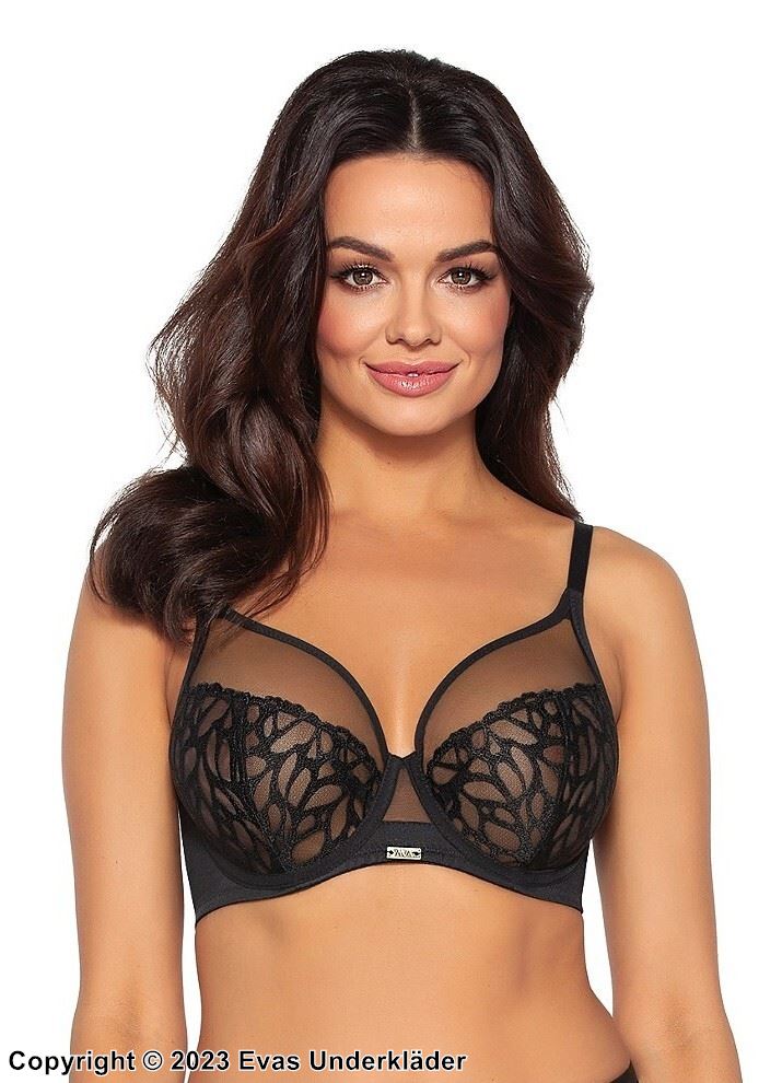 Soft cup bra, embroidery, sheer inlays